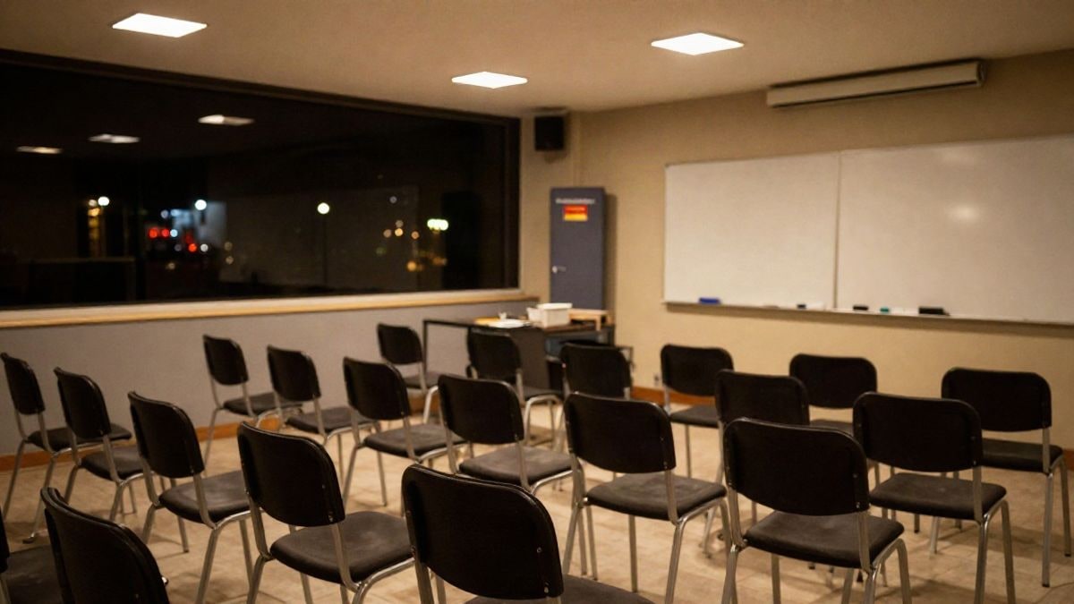 Illustrative image: workshop room with empty chairs and a board under artificial night light