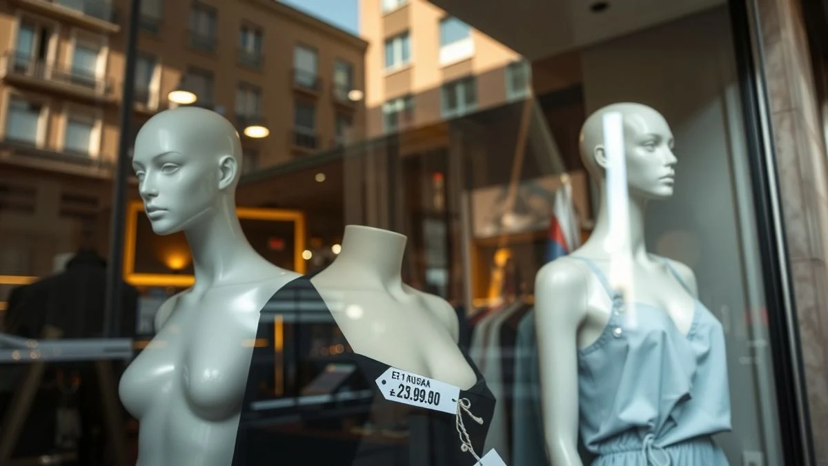 Imagen ilustrativa: escaparate de una tienda con maniquíes y etiquetas de precio, luz natural, fondo desenfocado.