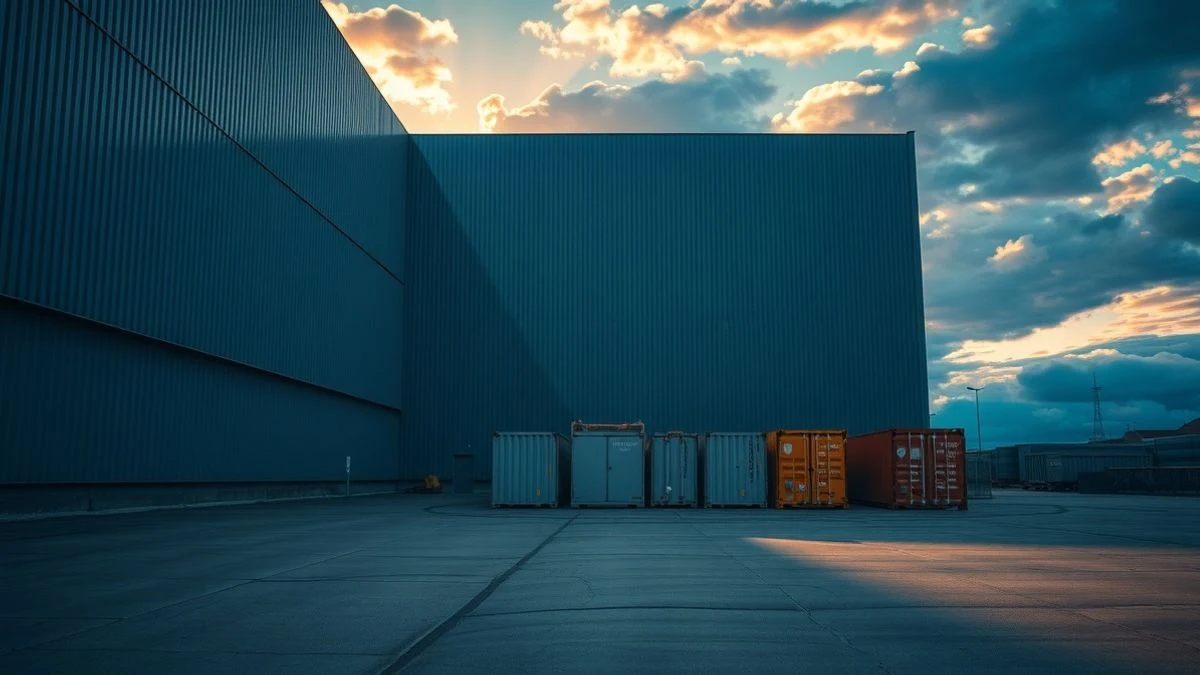 Nave industrial con líneas de fuga hacia un sistema de almacenamiento de baterías al atardecer