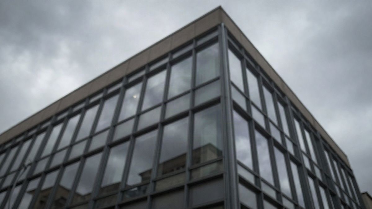 Imagen ilustrativa: fachada de un edificio institucional moderno con cristaleras vista en ángulo bajo con cielo nublado al fondo