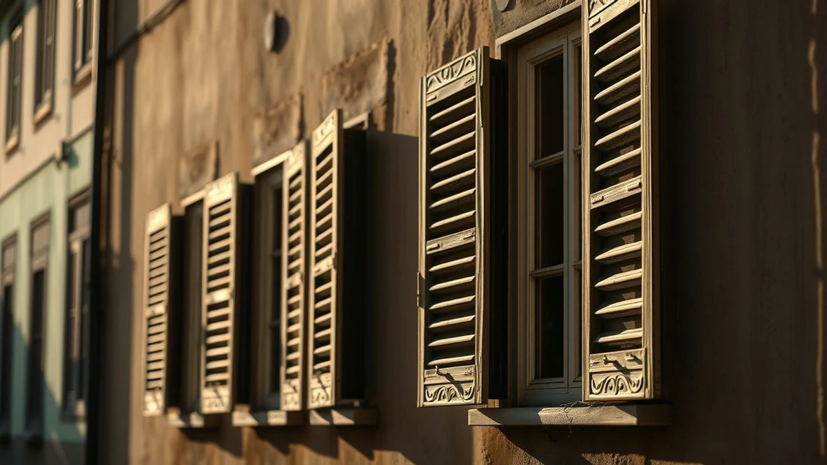Imagen ilustrativa: fila de ventanas con persianas bajadas en una fachada de pueblo español al atardecer.