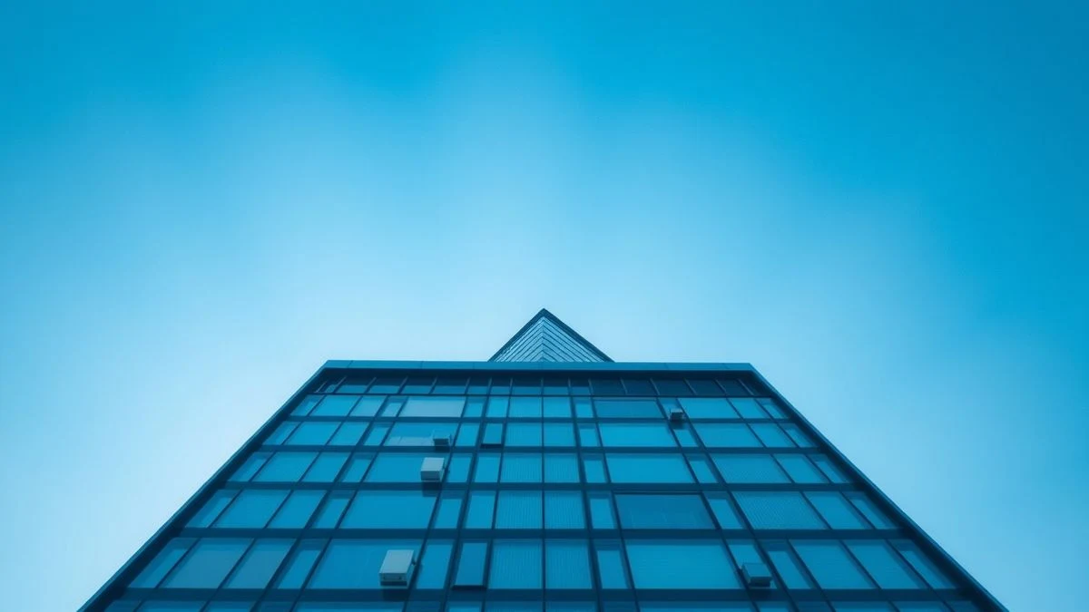 Edificio de oficinas visto desde el suelo con cielo azul de fondo