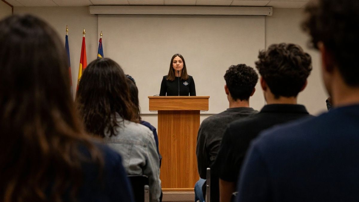 Imagen ilustrativa: un grupo de estudiantes cuestionando a un orador en un escenario universitario, con iluminación dramática y fondo desenfocado.