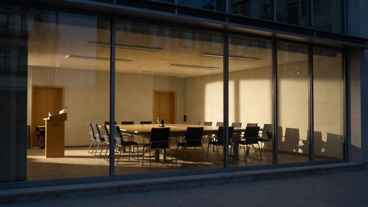 Illustrative image: empty conference room with podium and microphone, lit by warm sunset light