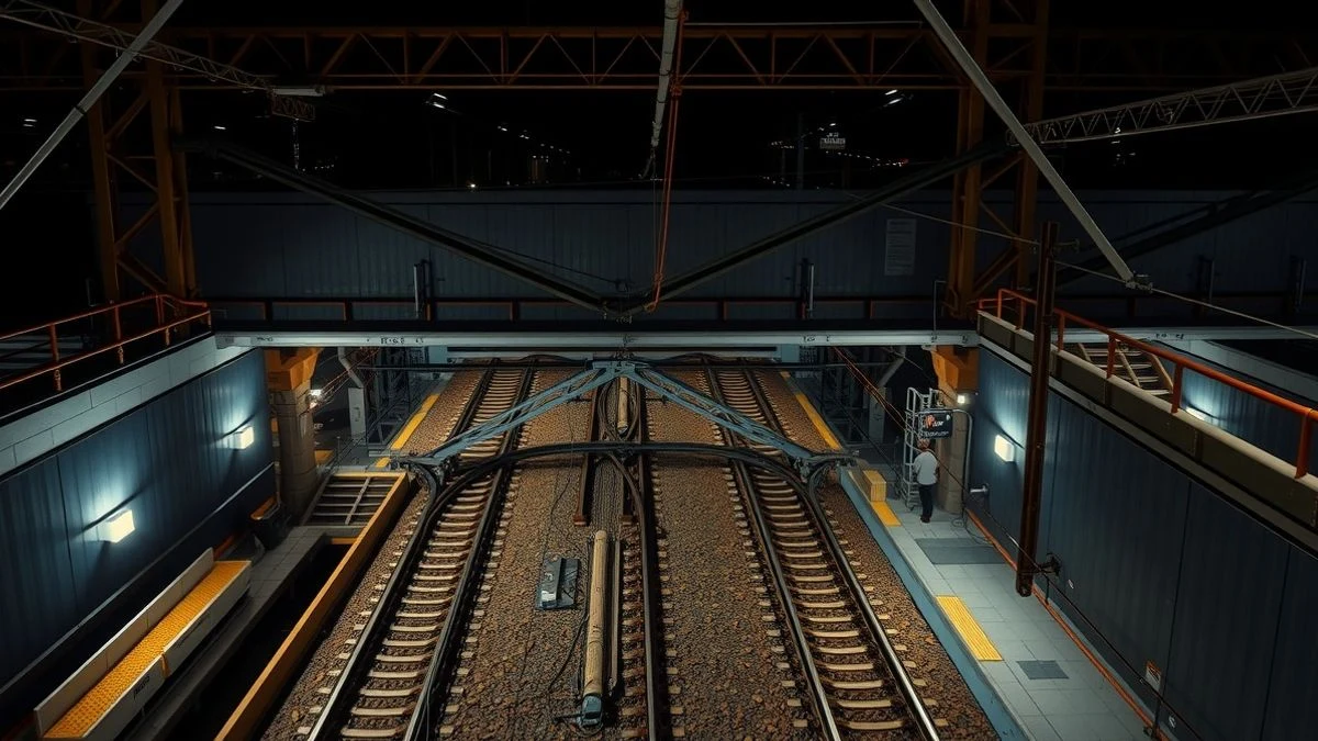 Vista cenital de vías de metro con carriles nuevos y maquinaria de obra durante la noche