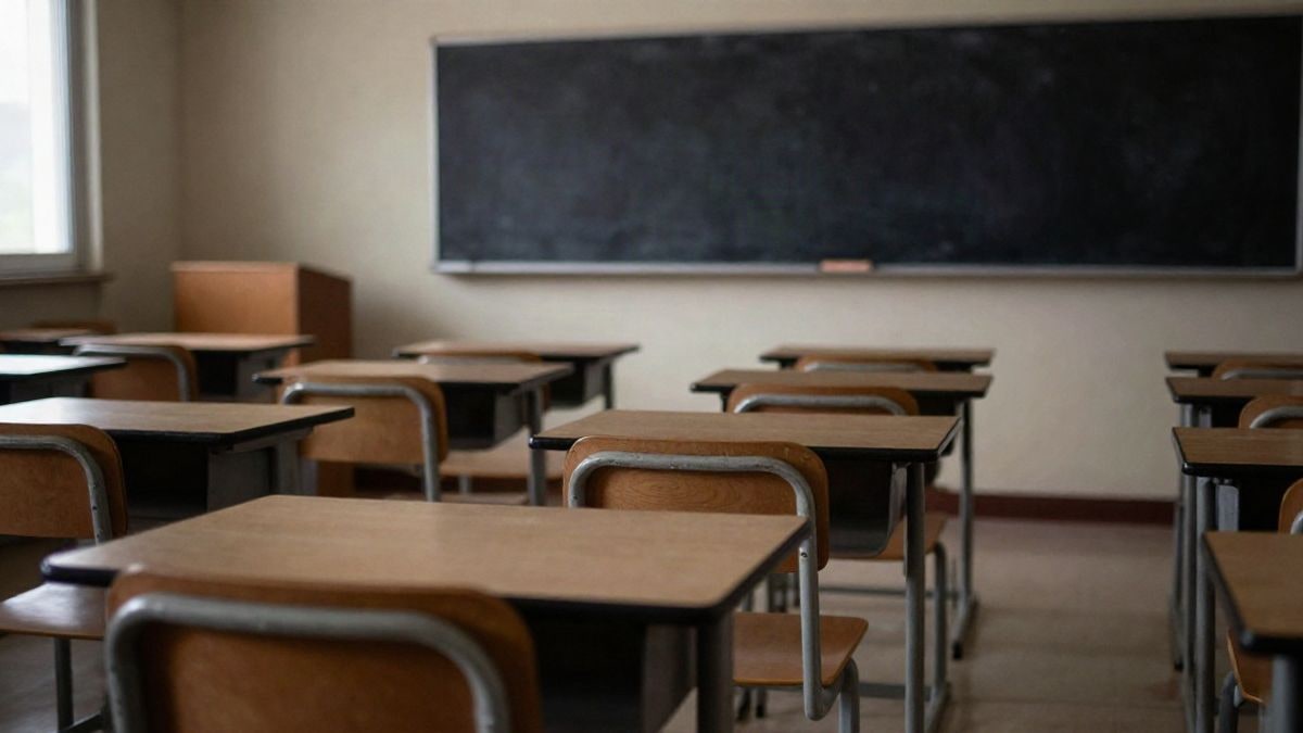 Imagen ilustrativa: aula vacía con escritorios y sillas, luz natural entrando por las ventanas, ambiente educativo genérico.