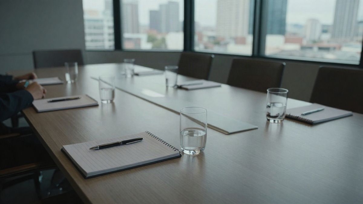 Illustrative image: meeting table with notebooks and water glasses in a bright room