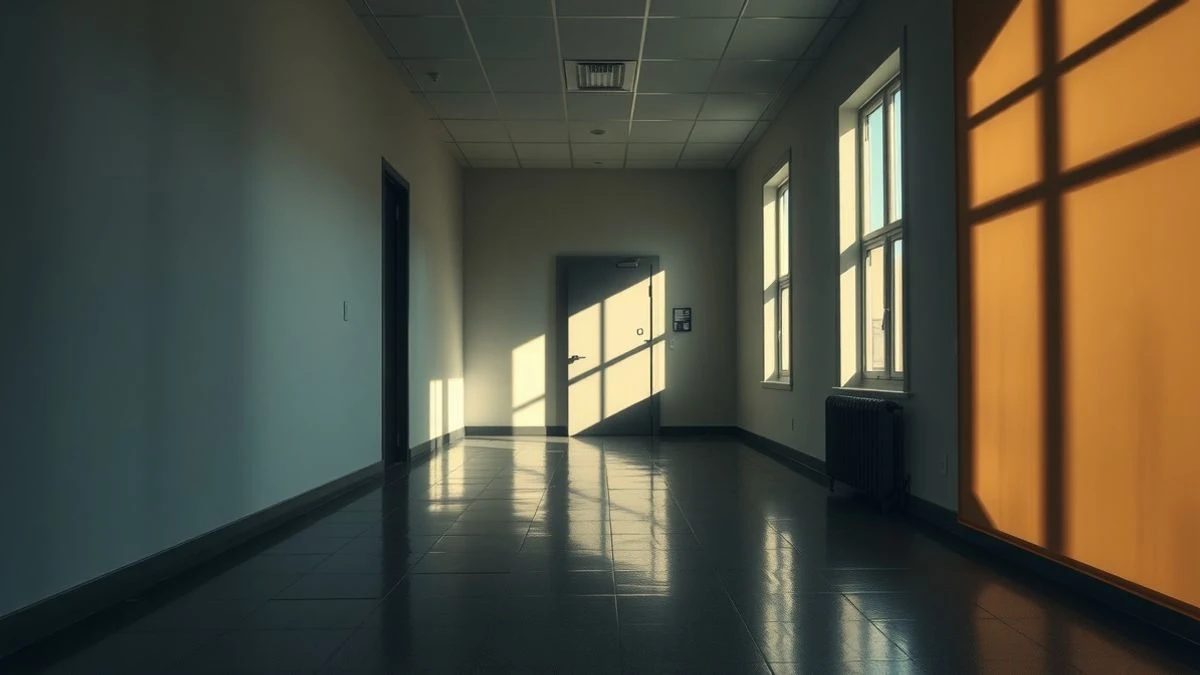 Pasillo vacío de un edificio gubernamental con luz natural dramática y sombras largas