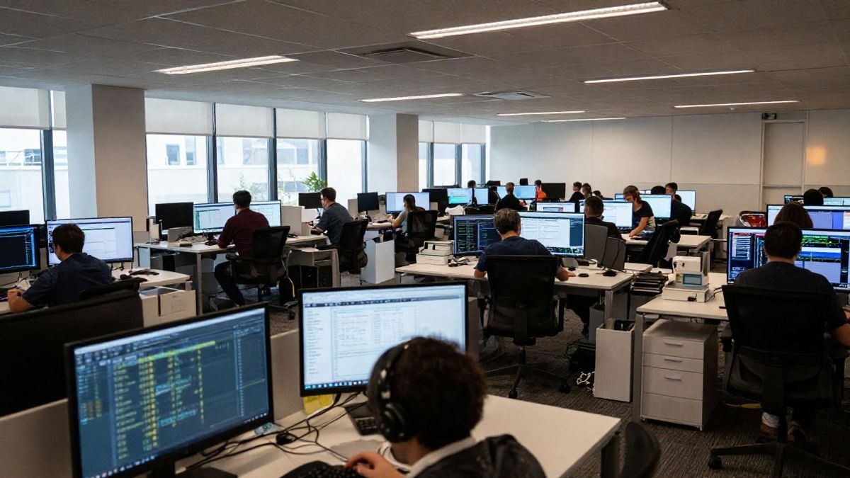 Illustrative image: modern tech office with collaborative workspaces and digital screens showing data analysis.