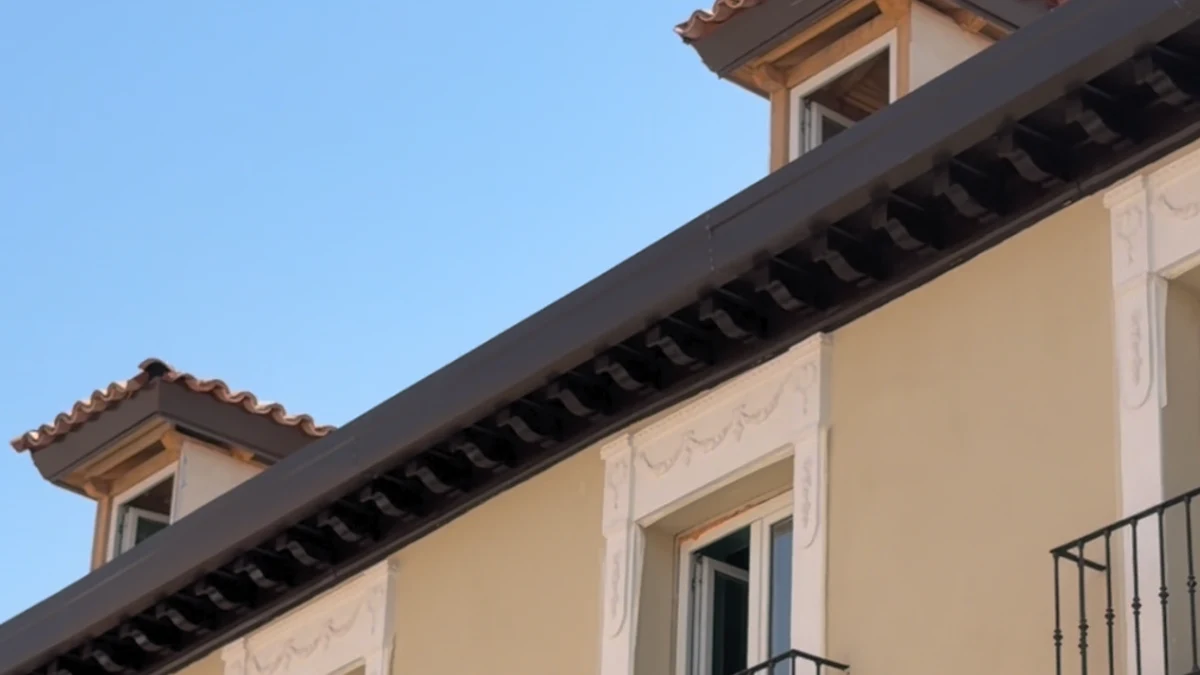 Imagen ilustrativa: fachada de edificio antiguo con andamios y lonas bajo un cielo azul, representando obras de rehabilitación urbana.