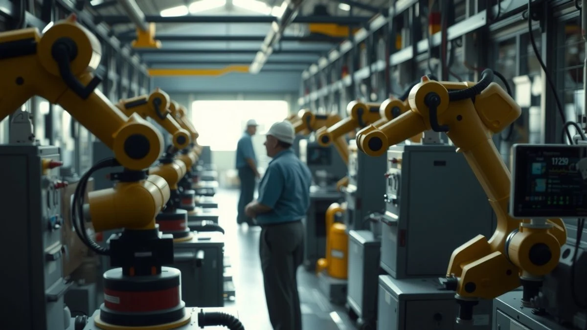 Imagen ilustrativa: interior de una planta industrial con brazos robóticos y paneles digitales, luz de ventana lateral, sin personas reconocibles.