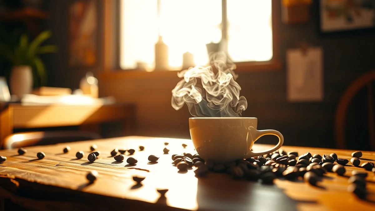 Imagen ilustrativa: taza de café humeante sobre una mesa de madera con granos de café esparcidos, iluminada por luz cálida de atardecer