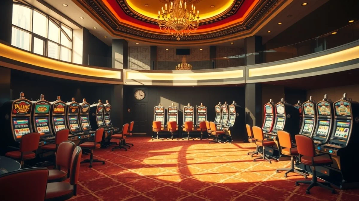 Imagen ilustrativa: interior de un casino con máquinas tragamonedas iluminadas por luz natural lateral, sin personas visibles.