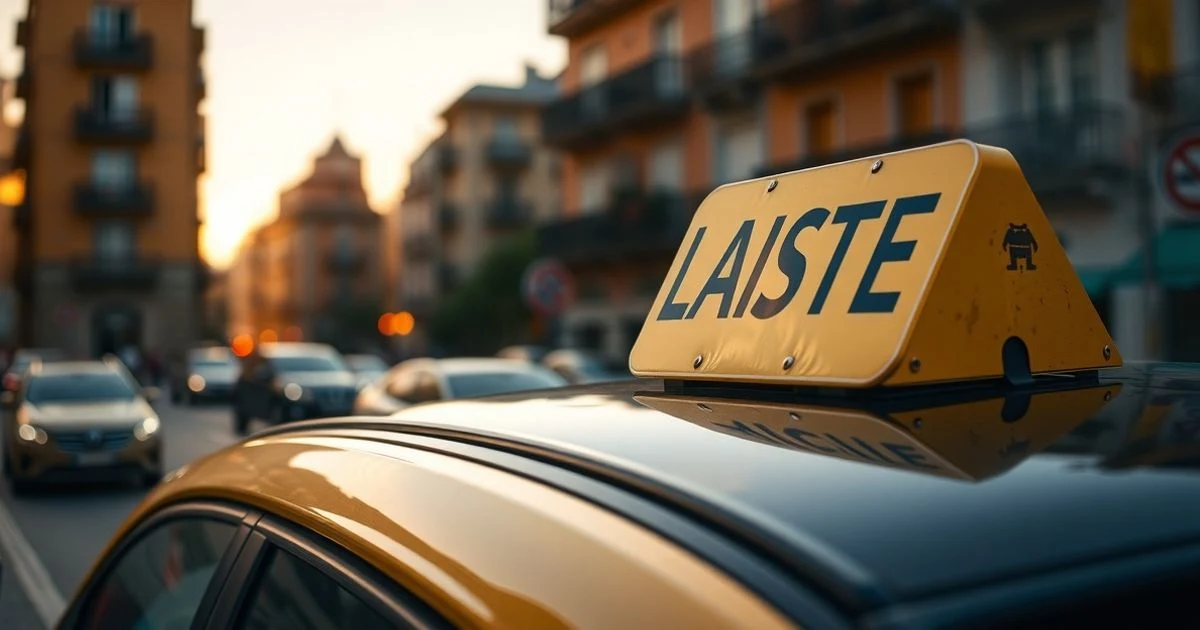 Señal de taxi sobre un vehículo amarillo en una calle de Santa Cruz de Tenerife al atardecer