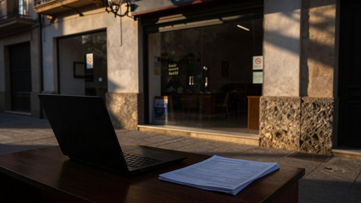 Illustrative image: backlight at sunset with long shadows on a desk with invoices and a laptop