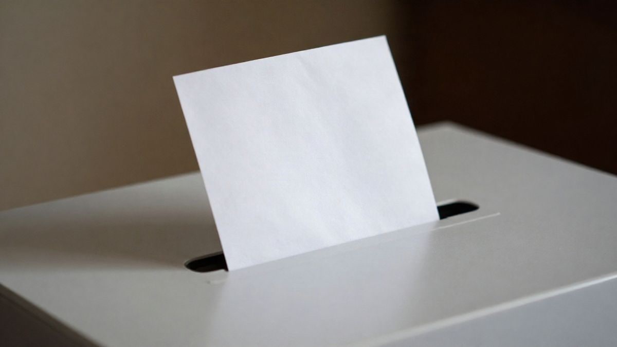 Imagen ilustrativa: un plano cercano de una urna de votación con papeles de votación en un entorno neutral