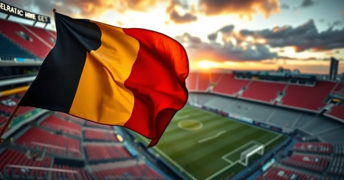 Estadio de fútbol vacío en Seattle con bandera belga ondeando al atardecer