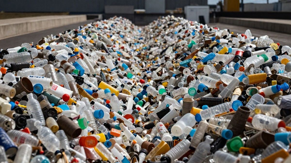 Illustrative image: an industrial setting representing plastic waste management and recycling technologies, focusing on the recycling process
