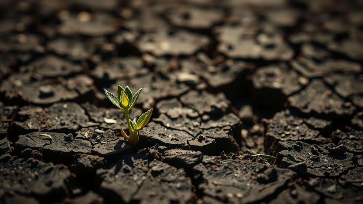Imagen ilustrativa: primer plano de suelo volcánico agrietado con brotes verdes emergiendo, luz natural dramática