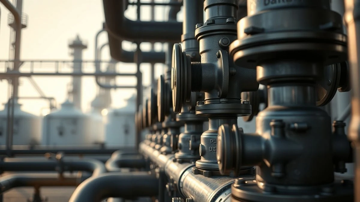 Detalle de tuberías y válvulas metálicas en una refinería de aceites, con tanques de almacenamiento al fondo