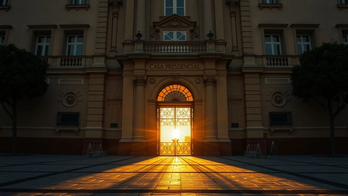 Entrada principal de Casa Presidencial en Costa Rica con luz de atardecer