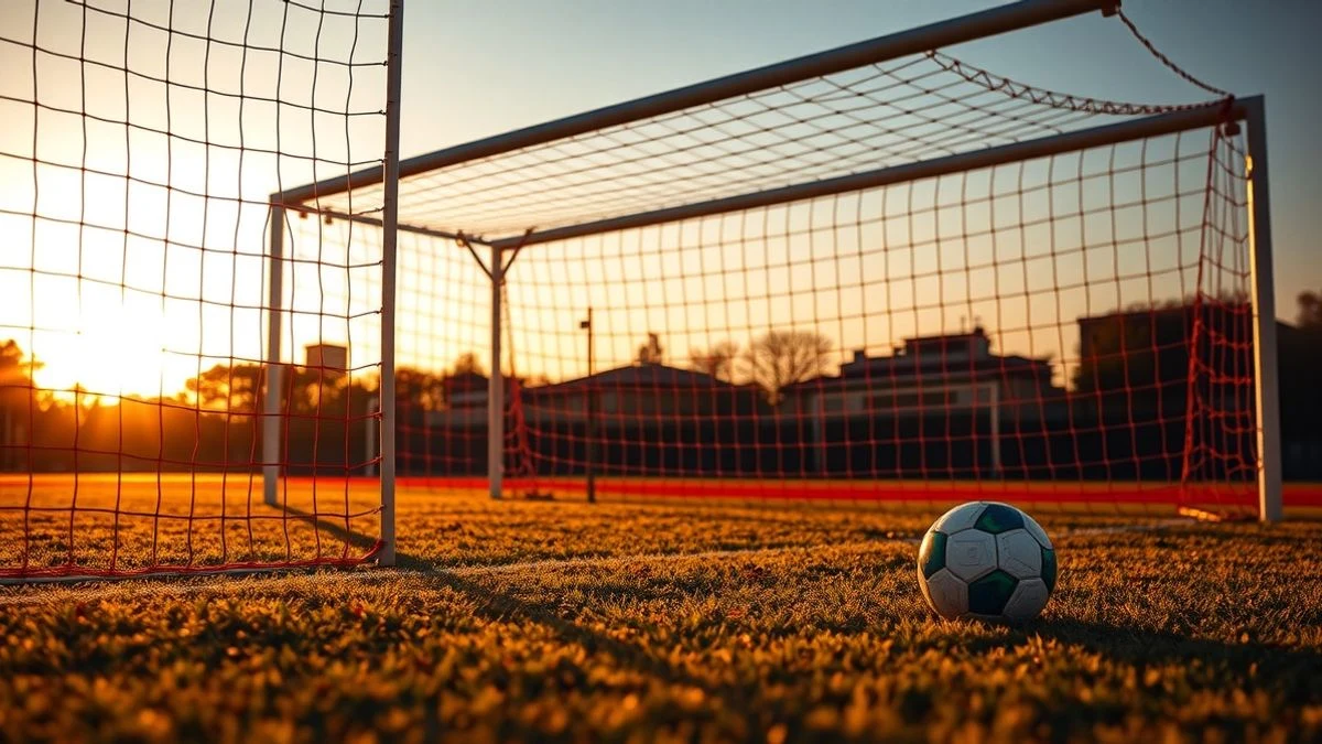 Red de una portería de fútbol al atardecer con un balón en el punto de penalti y sombras largas