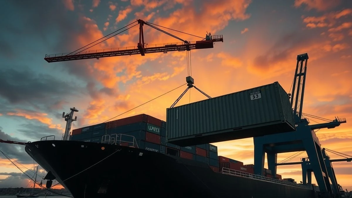 Imagen ilustrativa: un barco portacontenedores en un puerto al atardecer, con grúas y contenedores en primer plano.