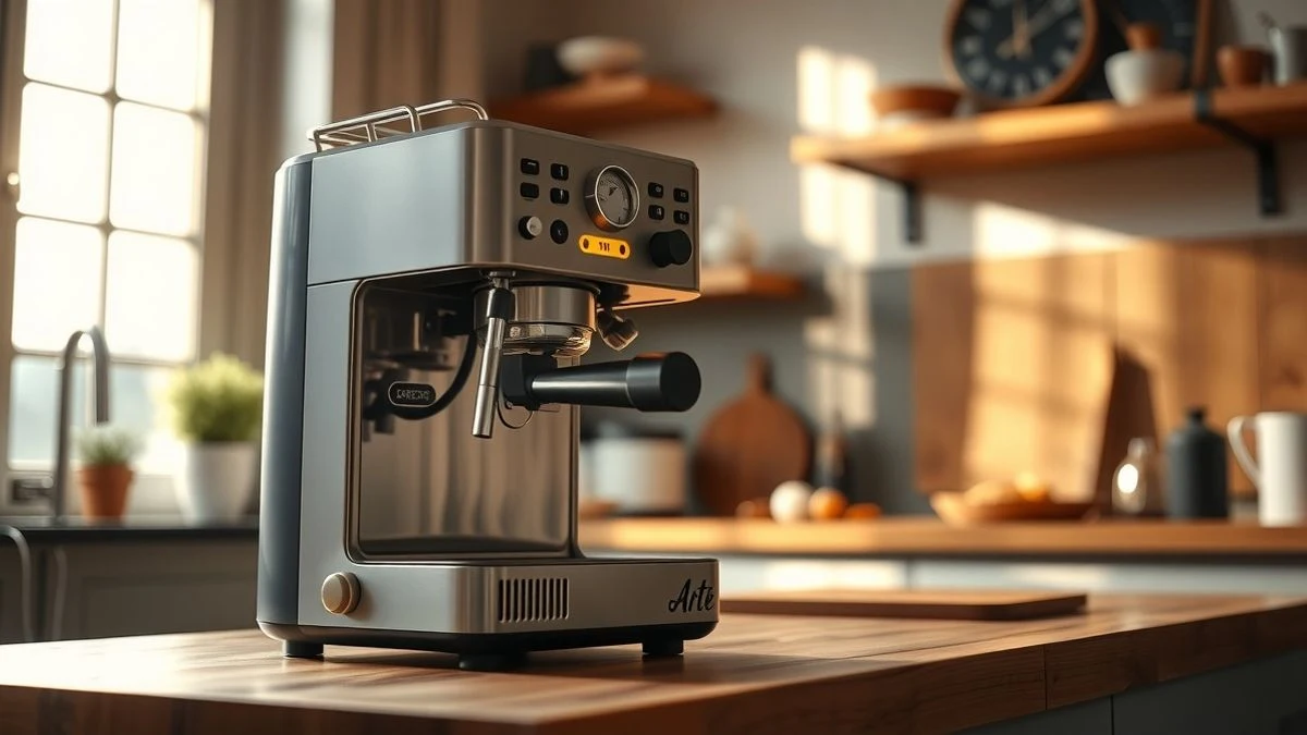Cafetera De'Longhi La Specialista Arte sobre encimera de madera con luz suave de ventana al fondo