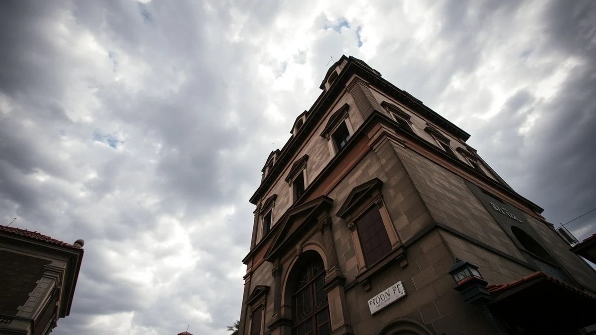 Fachada de un edificio colonial en Bogotá desde ángulo bajo con cielo nublado de fondo