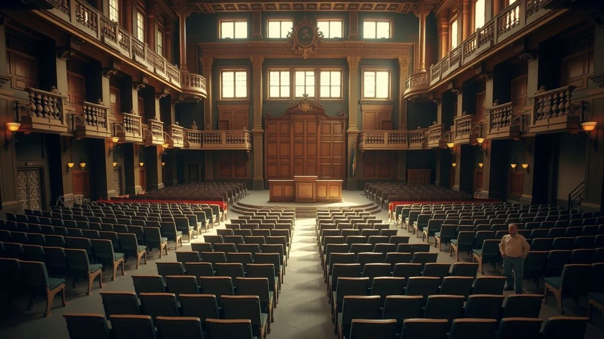 Salón de plenos del Senado vacío, con escaños y tribuna de oradores iluminados por luz natural.