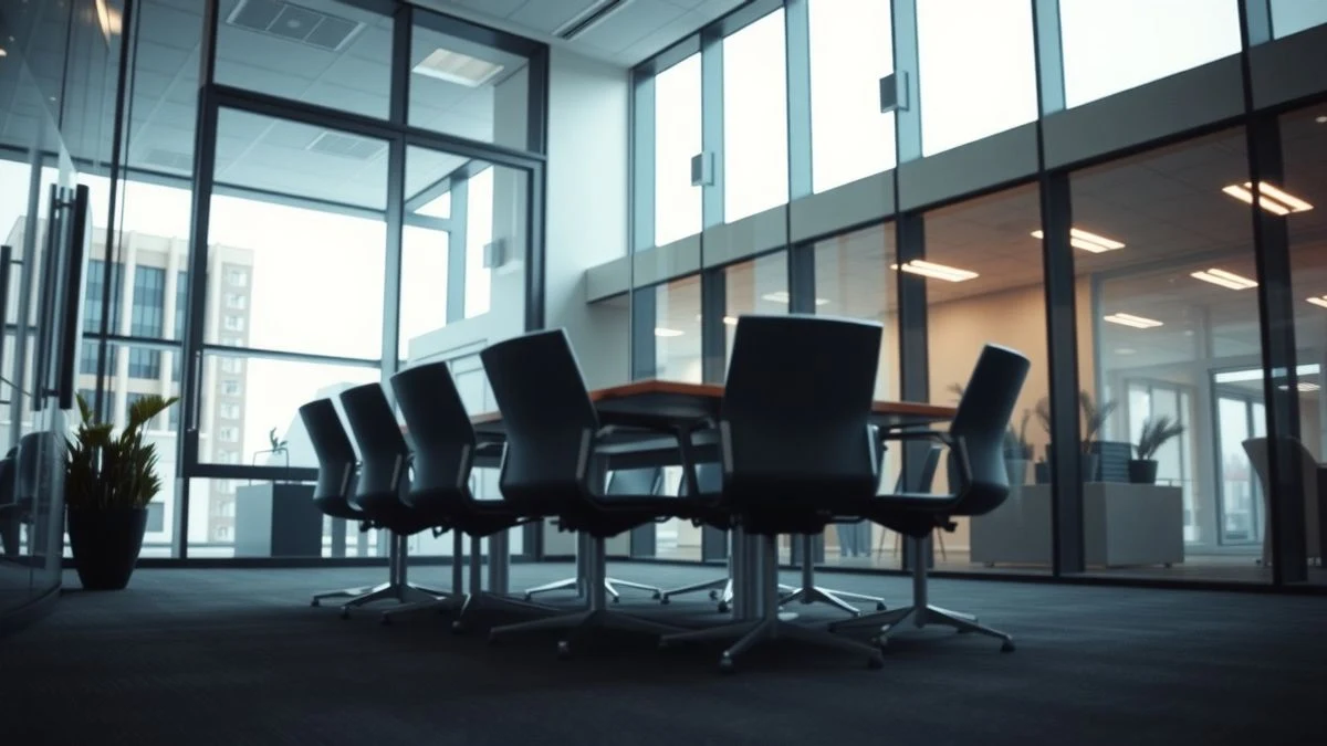 Imagen ilustrativa: un interior de oficina moderno con mesa de reuniones vacía y luz natural entrando por ventanales.