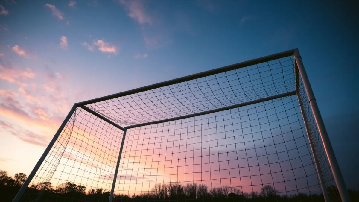 Portería de fútbol vista desde el suelo con el cielo de fondo