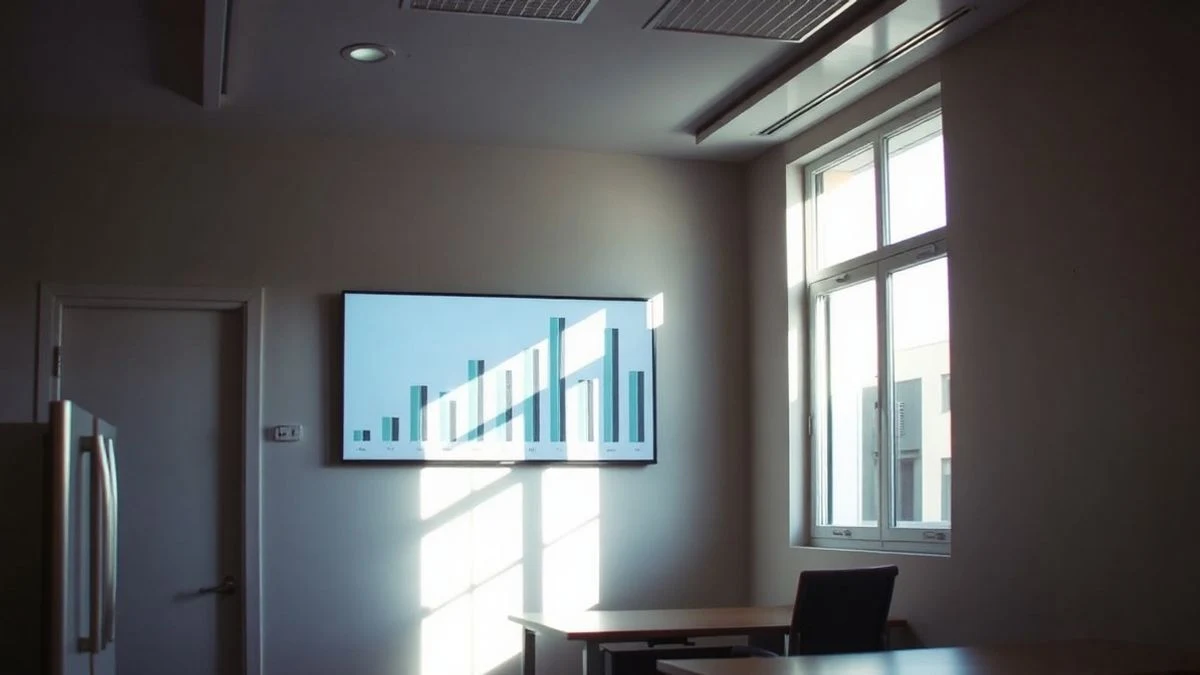 Imagen ilustrativa: oficina de empleo vacía con un mostrador y una pantalla con gráfico de barras a la baja, iluminada por luz lateral de ventana.