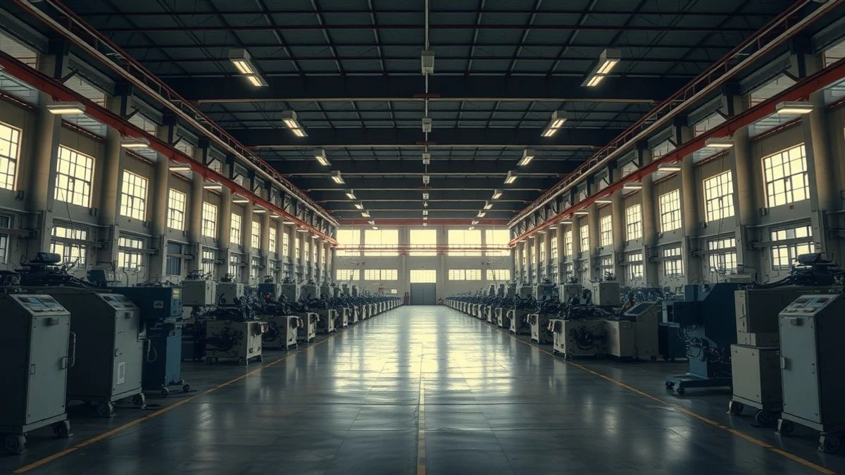 Nave industrial vacía con maquinaria y luz natural que entra por ventanales altos