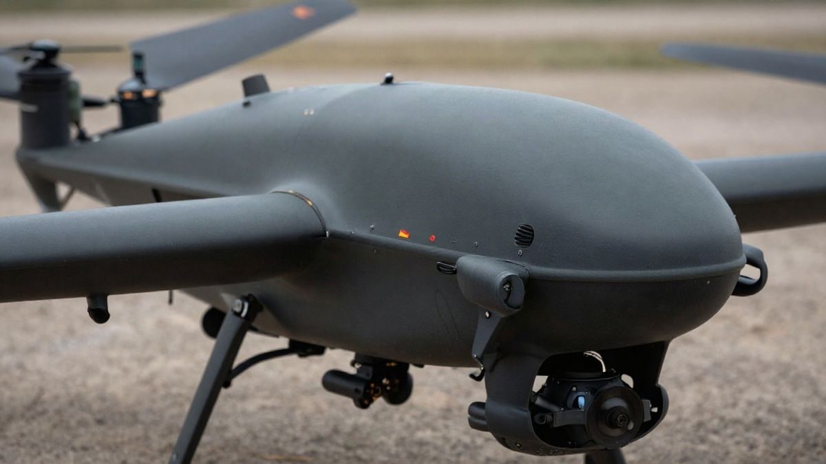 Illustrative image: an advanced military drone in a combat environment, highlighting its design and technology, without representation of identifiable people or elements.