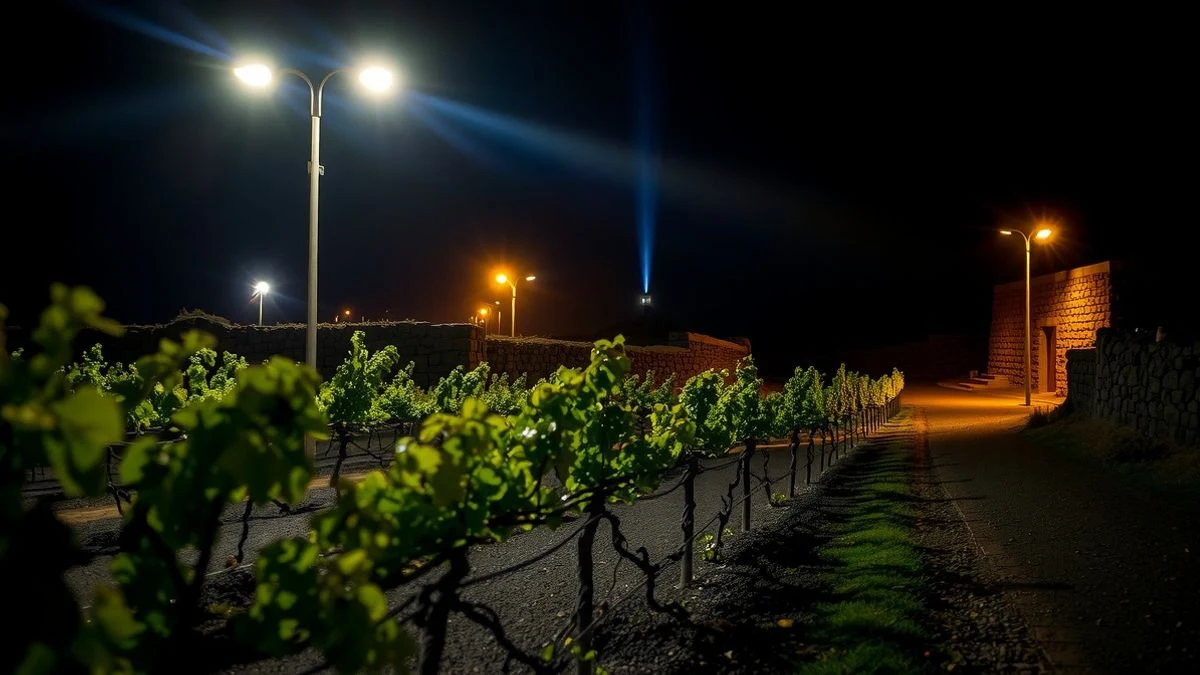 Viñedo nocturno en Lanzarote iluminado por farolas, con hoyos volcánicos y muros de piedra