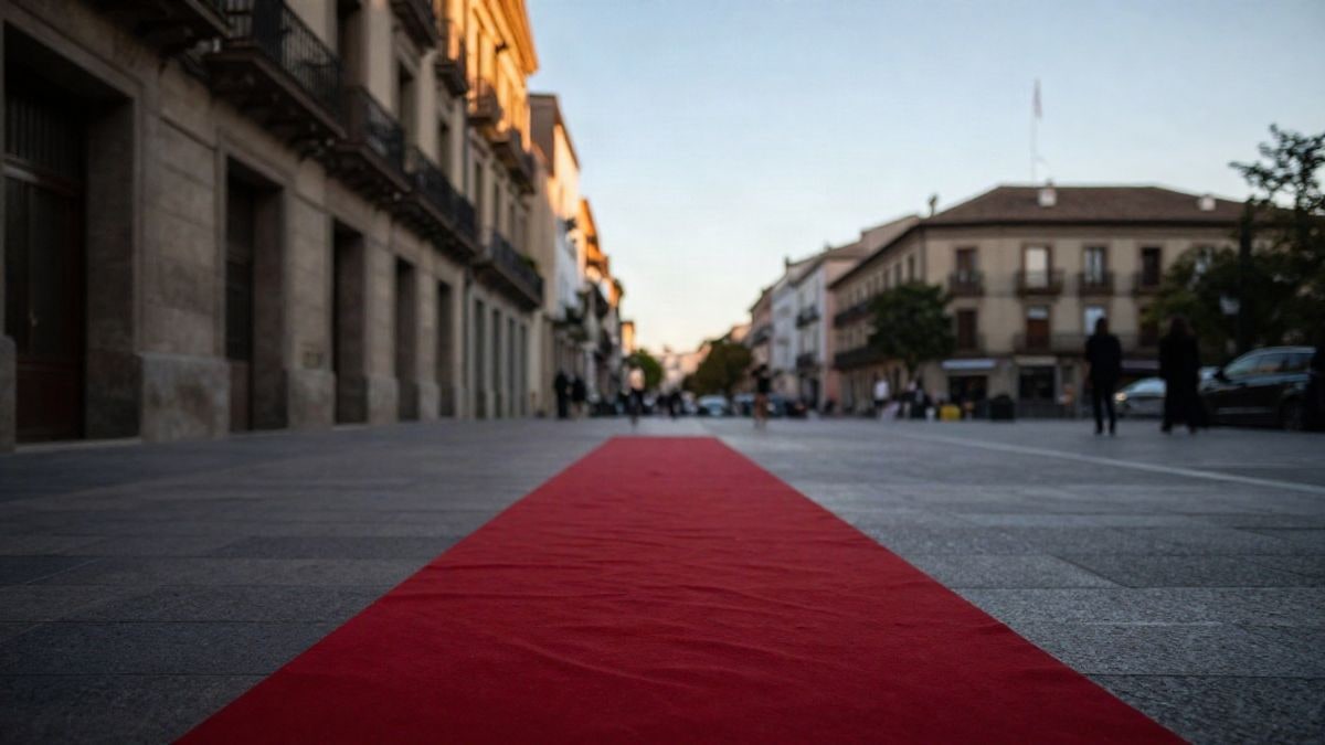 Illustrative image: empty urban catwalk with red carpet in a historic square, low-angle view with sky in the background