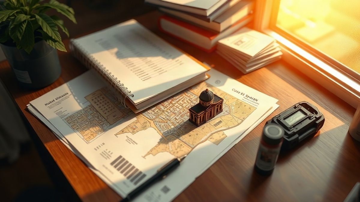 Illustrative image: overhead view of documents and a map on a work table