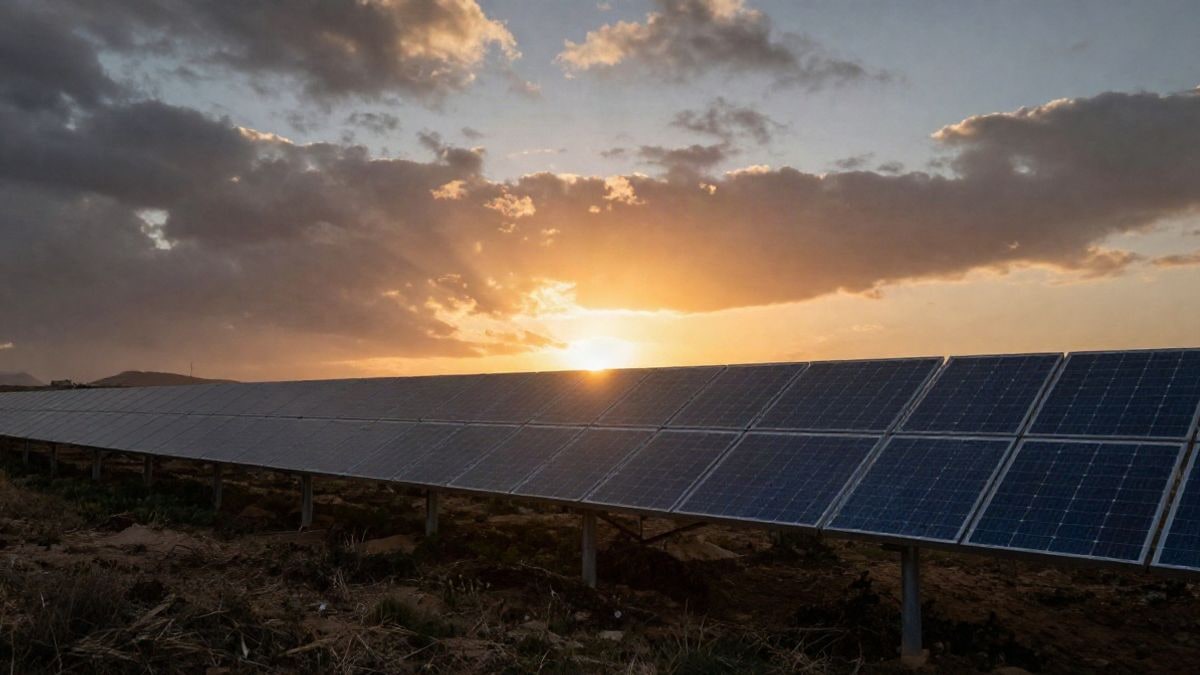 Imagen ilustrativa: una granja solar al atardecer, simbolizando la energía renovable en un paisaje español.