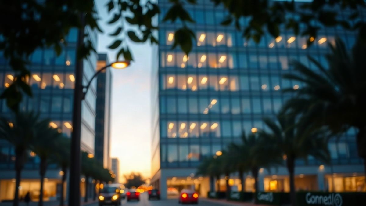 Illustrative image: facade of a modern office building at sunset with warm interior lights