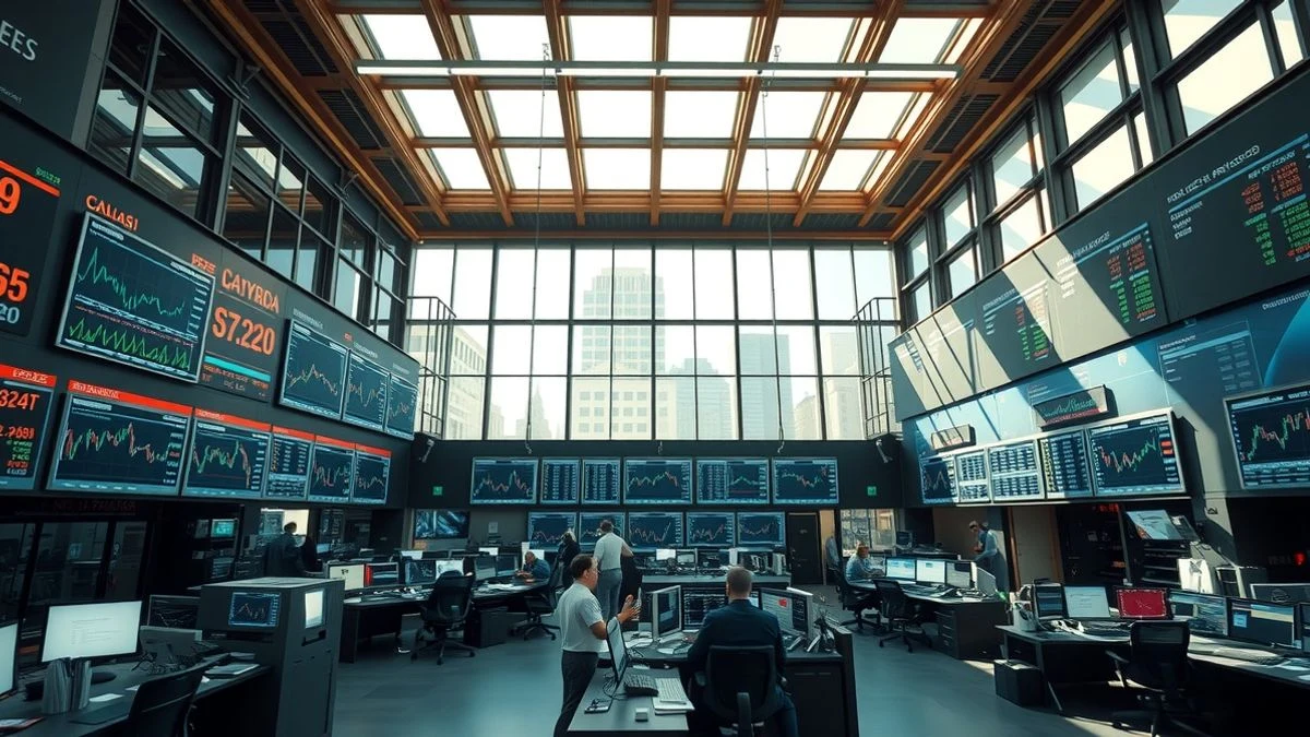 Amplio plano de una sala de trading vacía con pantallas y gráficos bursátiles