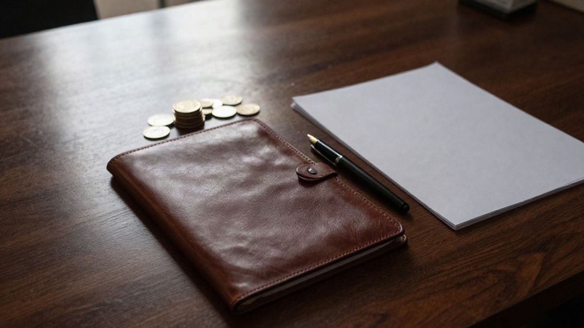 Illustrative image: overhead view of a desk with a leather folder, a pen, and stacked coins