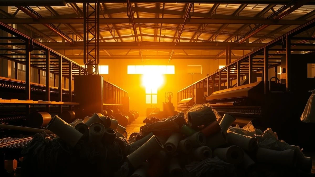 Instalación industrial de reciclaje al atardecer, con maquinaria y bobinas de hilo en silueta