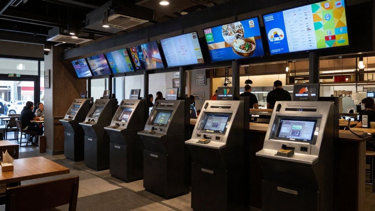 Illustrative image: interior of a modern restaurant with digital kiosks and interactive screens, no visible people.