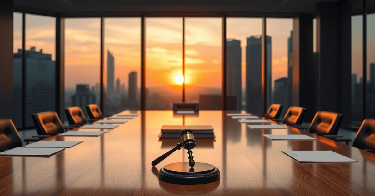 Sala de juntas vacía de un banco central con mesa de madera, documentos y un mazo, al atardecer