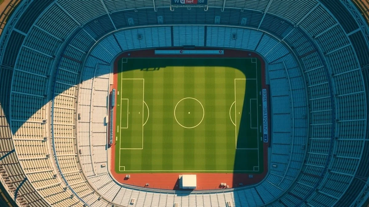 Vista aérea de un estadio de fútbol vacío con el césped verde y sombras alargadas