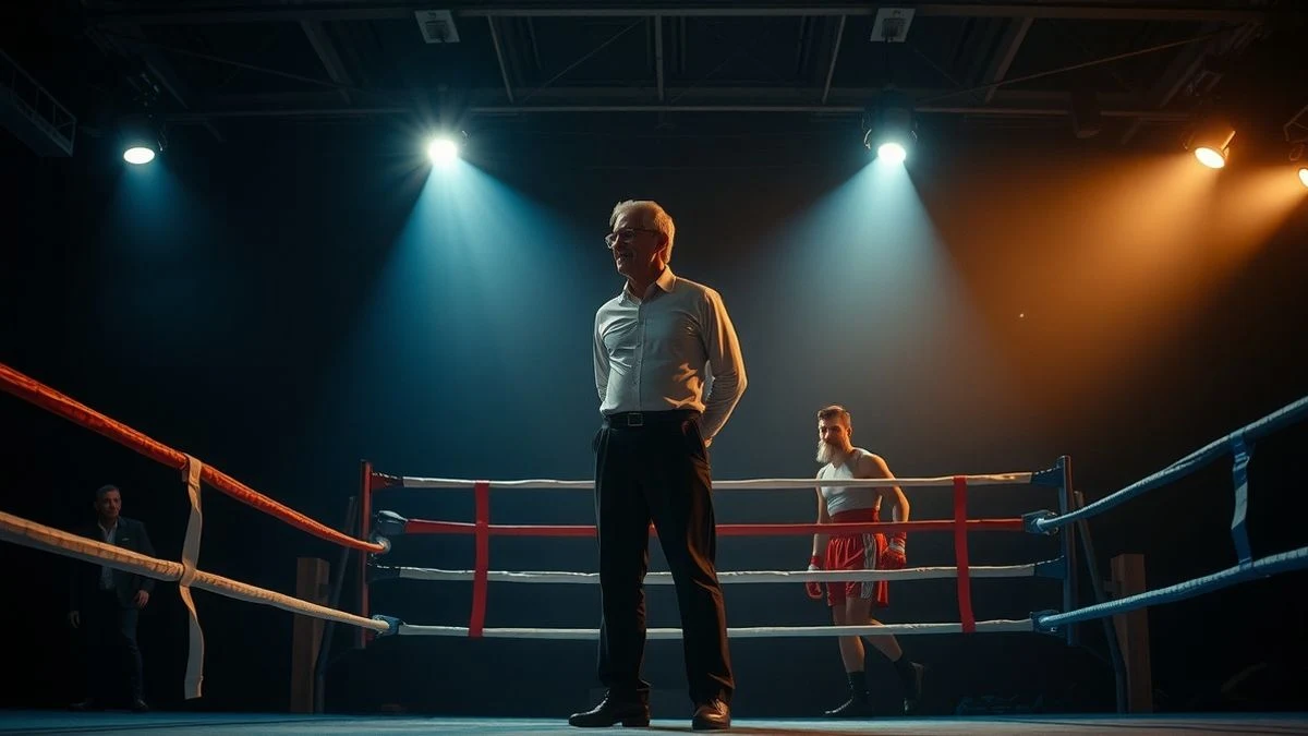 Cuadrilátero de boxeo visto desde abajo, con el árbitro y dos boxeadores desenfocados en el centro
