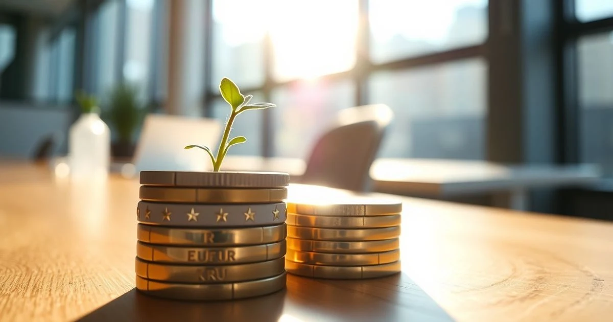 Montón de monedas de euro con una pequeña planta verde creciendo sobre ellas, sobre una mesa de madera en una oficina moderna