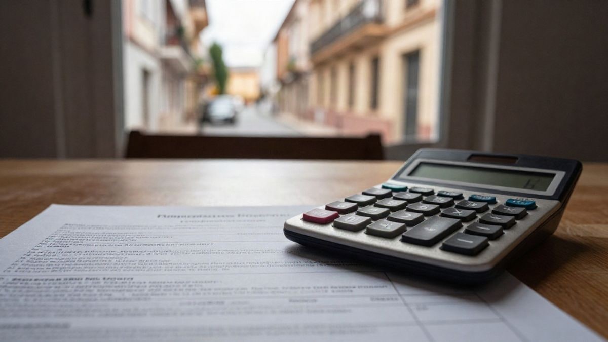 Illustrative image: a calculator and a loan contract on a table, with a blurred residential street in the background