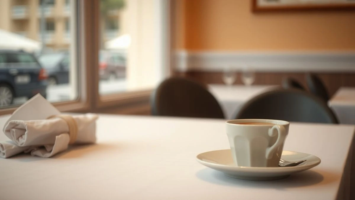 Mesa de restaurante vacía con mantel blanco y taza de café, luz natural suave.